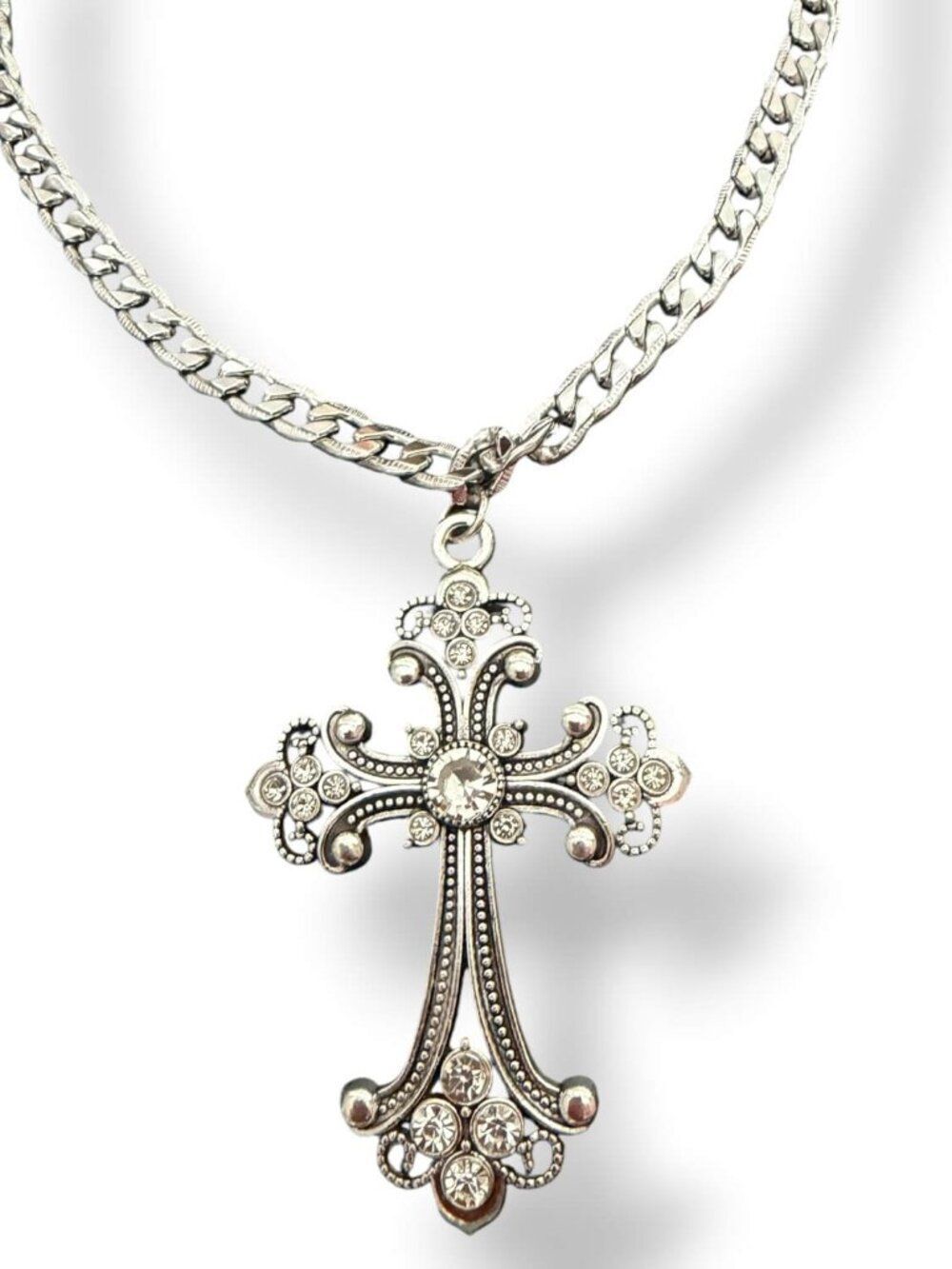 Silver Gothic Chunky Cuban Chain Crystal Cross Pendant Choker